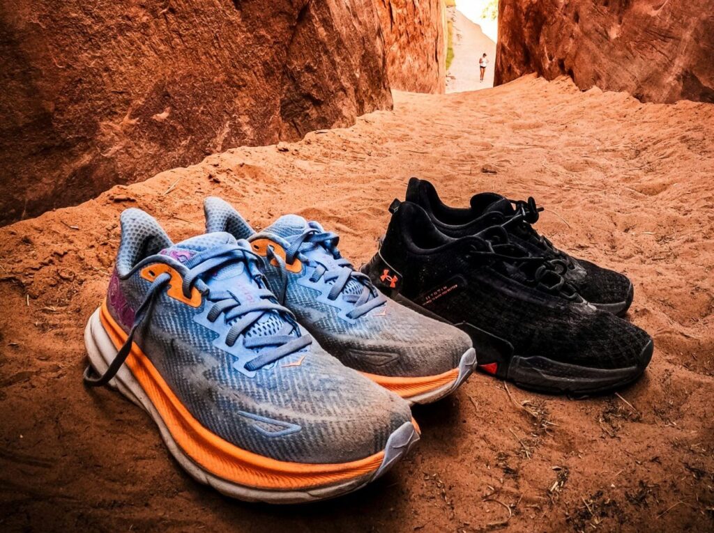 Worn running shoe showing midsole compression and tread wear indicating replacement is needed