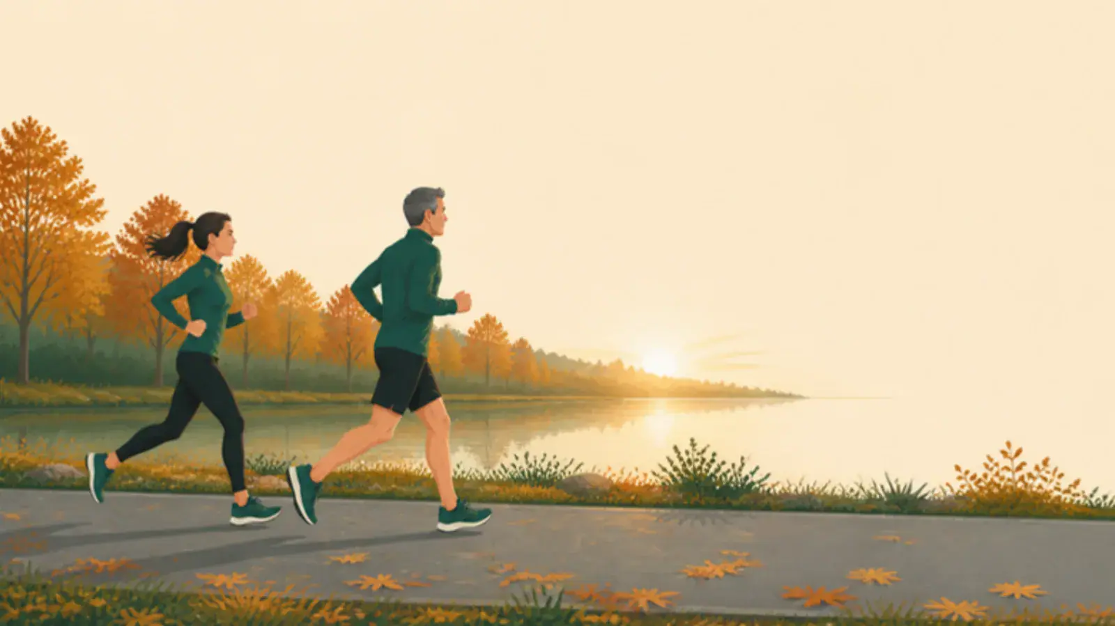 Two runners, a man and a woman, on a riverside path in autumn