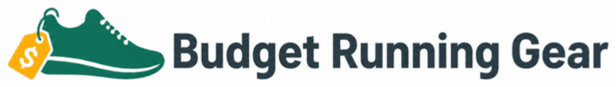 Budget Running Gear logo: a running shoe with a price tag